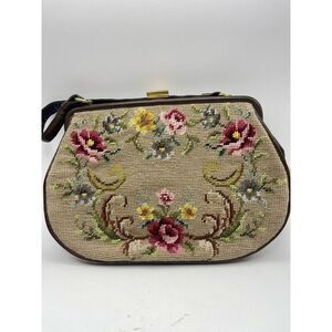 Vtg‎ Petit Point Needlework Purse Handbag Floral Gold Clasp 50s60s